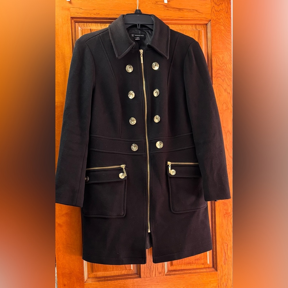 INC International Concepts Womens Black Military Style Coat Gold Buttons Sz M
